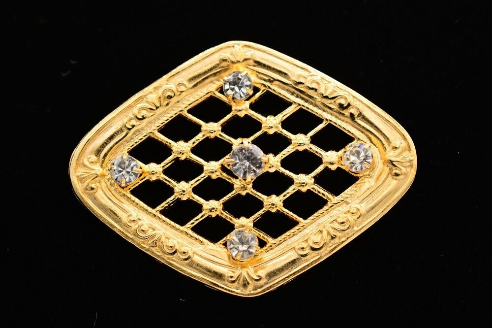 Vintage Ornate Pin Brooch Gold Tone Metallic Rhinestone Crystal 1990s BinAH